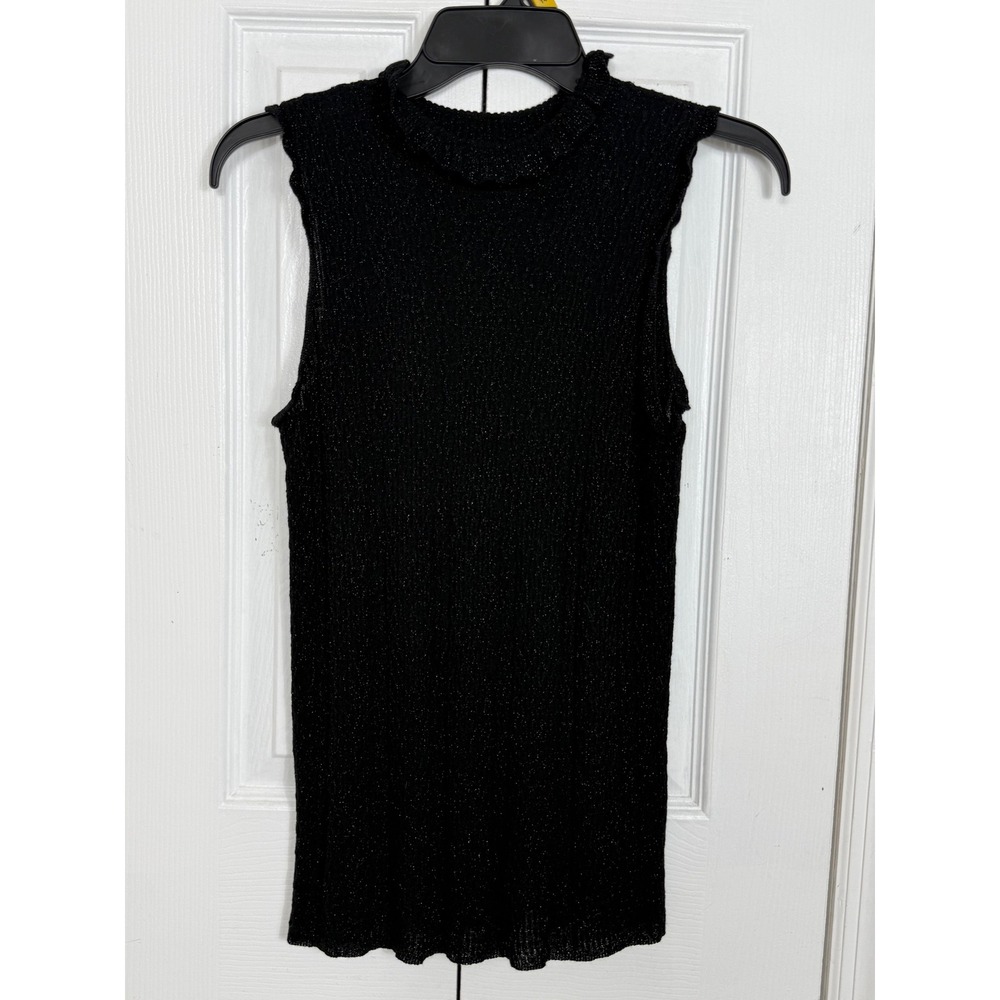 Black Metallic Shimmer Sleeveless Mock Neck Top M Y2K 90s Goth Party Worthington